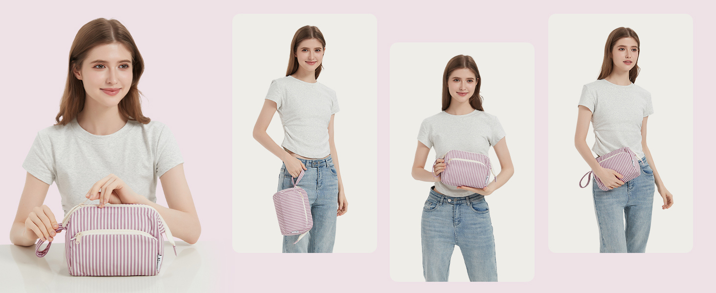 Косметичка жіноча Narwey для подорожей: зручна та містка сумка для косметики та аксесуарів (сіро-блакитний, рожеві смуги)