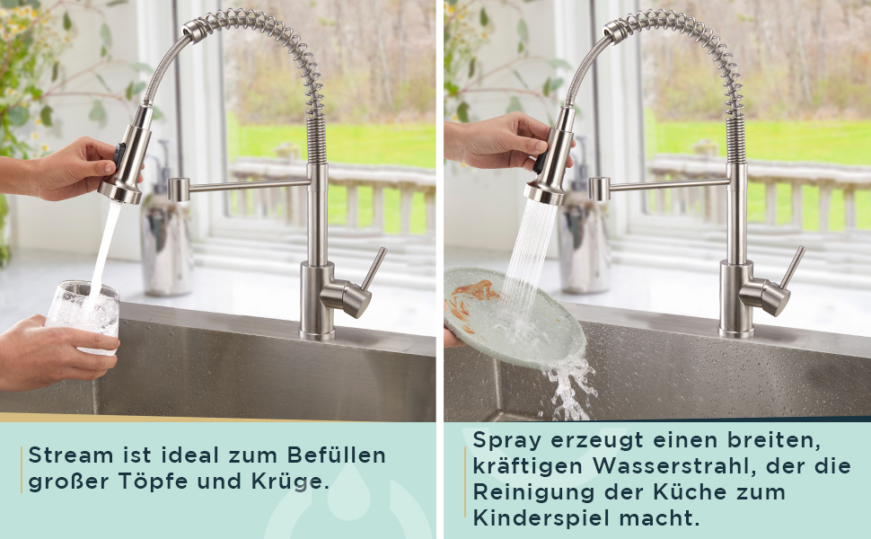 Кран кухонний FORIOUS з високим виливом, поворотний на 360°, з висувною лійкою, нержавіюча сталь, щітка