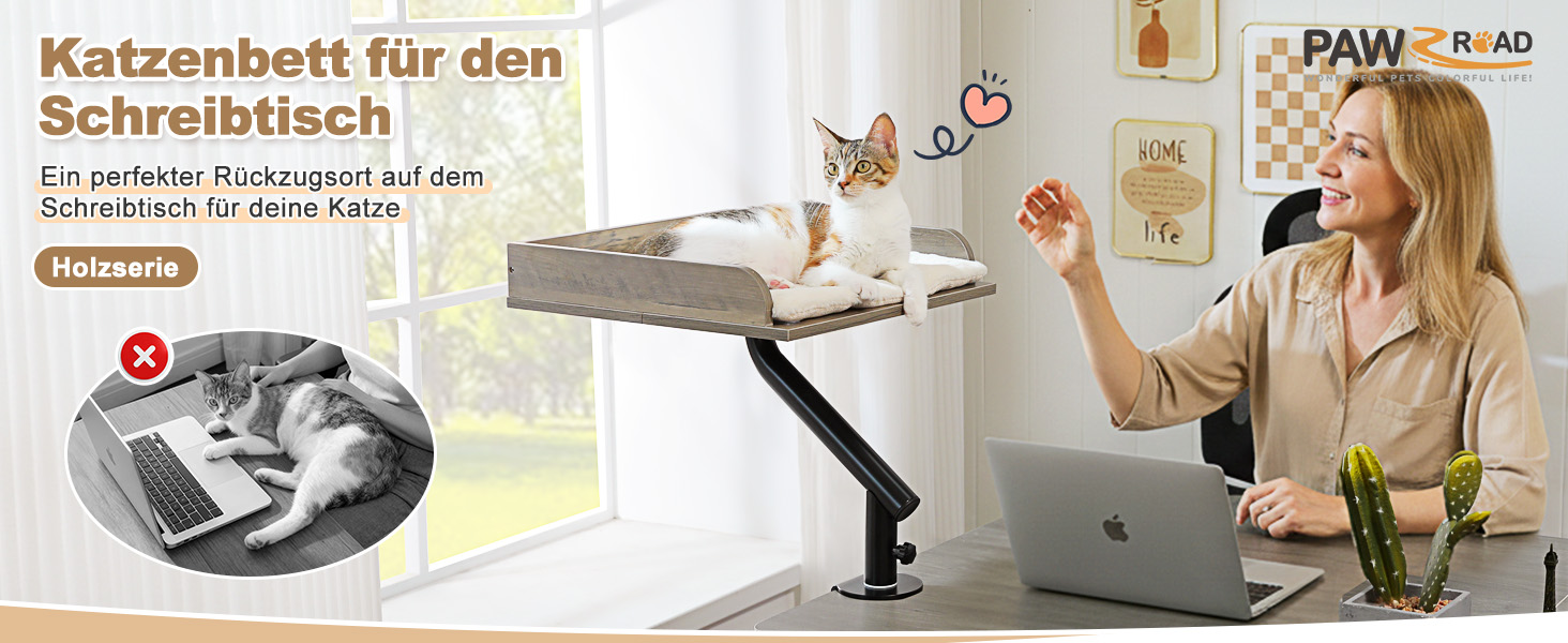 Кігтечка-ліжко для котів PAWZ Road з інтерактивним м'ячиком, крутиться на 360°, підходить для ваги до 22.5 кг (сірий, прямокутне дерев'яне ліжко)