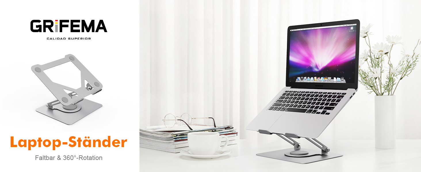 Підставка для ноутбука GRIFEMA GB1050: регульована висота, поворотна основа 360°, ергономічна та вентильована – сумісна з MacBook, Dell та ноутбуками 11-17 дюймів (срібна)