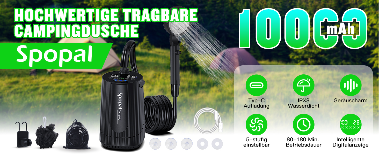 Портативна душова кабіна Spopal для кемпінгу, 10000mAh, з насосом та аксесуарами. Чорний колір. Ідеально для кемпінгу, відпочинку, автомийки та догляду за тваринами.