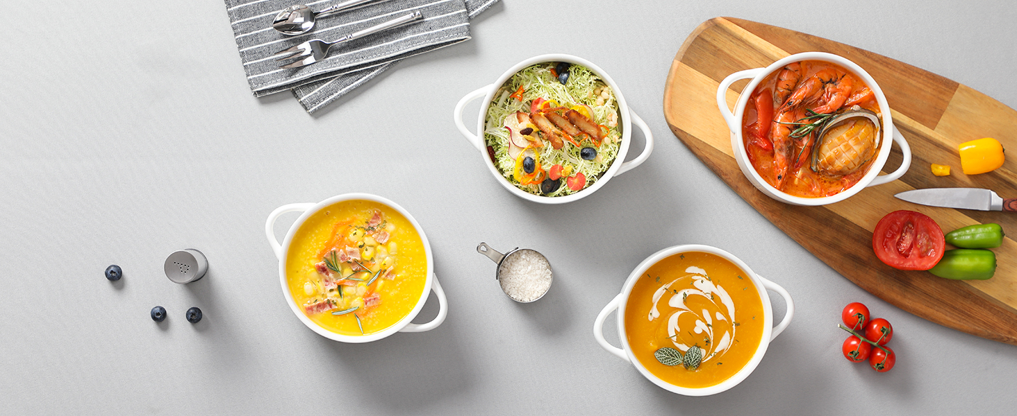 MALACASA Набір супових тарілок з ручками, 800 мл, 4 шт, порцеляна, білий, для французької цибулевої супи, каші та рагу