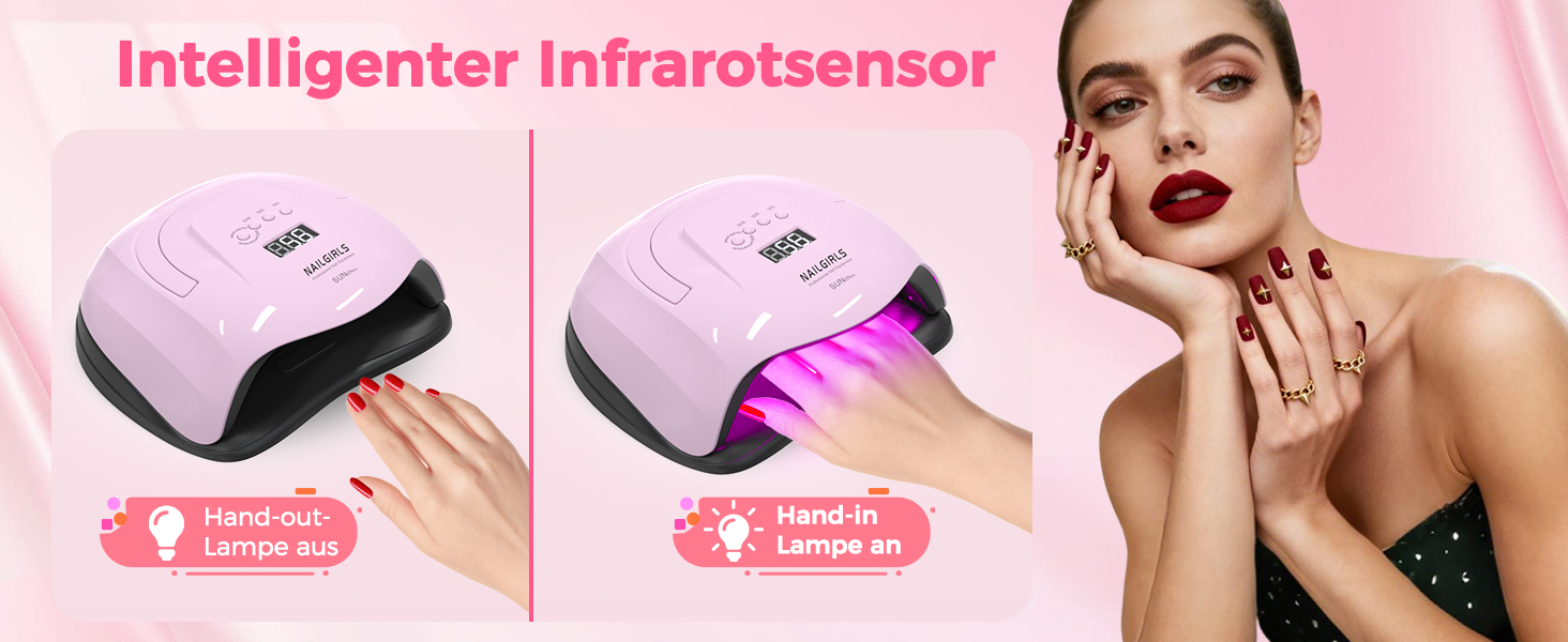 LED UV лампа для нігтів NAILGIRLS 150W з таймером, датчиком, LCD дисплеєм та знімною магнітною платформою. Підходить для гель-лаку, нігтів рук та ніг (Рожевий 268W)
