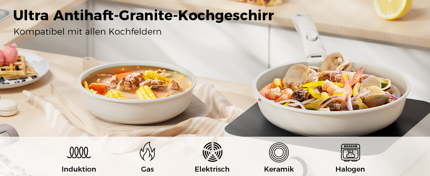 Набір посуду YASHE 20 предметів з антипригарним покриттям, знімні ручки, для індукційних плит, до 230°C, для мийки, можна складати, ідеальний для сімей (Білий)