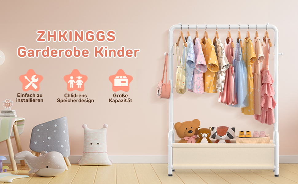 Дитяча вішалка для одягу Kinder Garderobe 80x30x125 см, біла. З гачками та кошиком для зберігання, U-подібна основа.