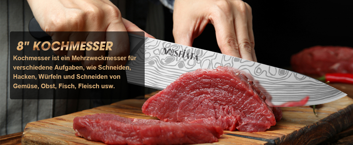 Набір кухонних ножів MOSFiATA, 5 шт. з нержавіючої сталі: кухонний, сантоку, універсальний, для хліба, для очищення з захистом пальців та подарунковою коробкою