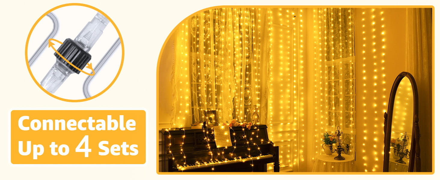 Ланцюжок LED-ліхтарів Joycome 3м x 3м, 300 LED, 8 режимів, вологостійкий, для декору вікна, балкона, кімнати, вечірки, намету, весілля, Різдва (тепле біле світло)