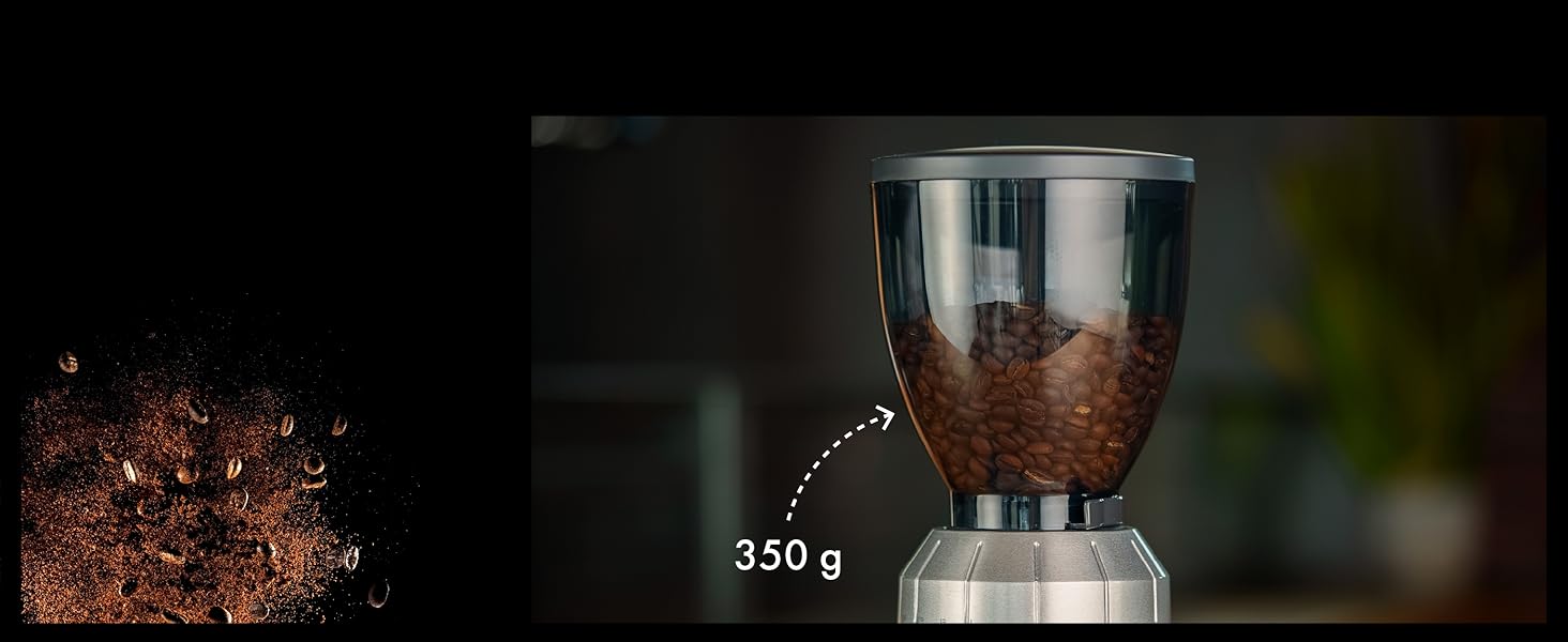Електрична кавомолка GRAEF CM800 з алюмінієвим корпусом, контейнер для зерен 350г, конічний жорно з нержавіючої сталі, 40 ступенів помолу, для еспресо, антистатичний вставка, алюмінієве лопатечкове колесо, 128 Вт, срібна