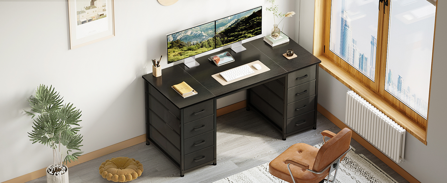 Комп'ютерний стіл Coleshome з 8 тканинними ящиками, 140x48 см, чорний | Стіл для офісу, дому, навчання