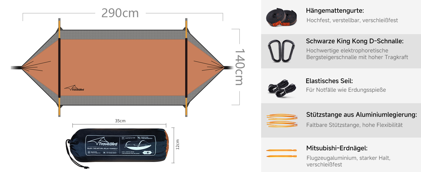 Гамак-намет для кемпінгу з москітною сіткою та сонцезахистом, 290x140 см, великий простір, легкий, з ременями для кріплення до дерева, підлоговий намет для відпочинку на природі, пікніків, походів, зелений (помаранчевий)