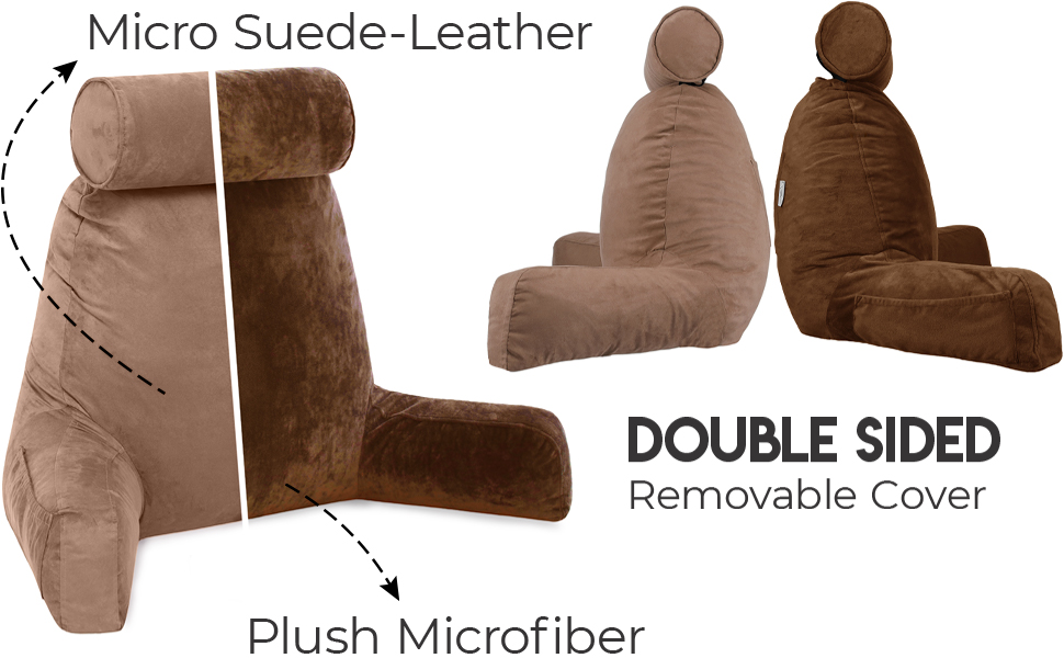 Подушка для чоловіка з підлокітниками - велика, для читання та відпочинку в ліжку. Преміум піна з пам'яті, знімна подушка для шиї на стрічці. Чохол, колір: коричневий, колір: коричневий