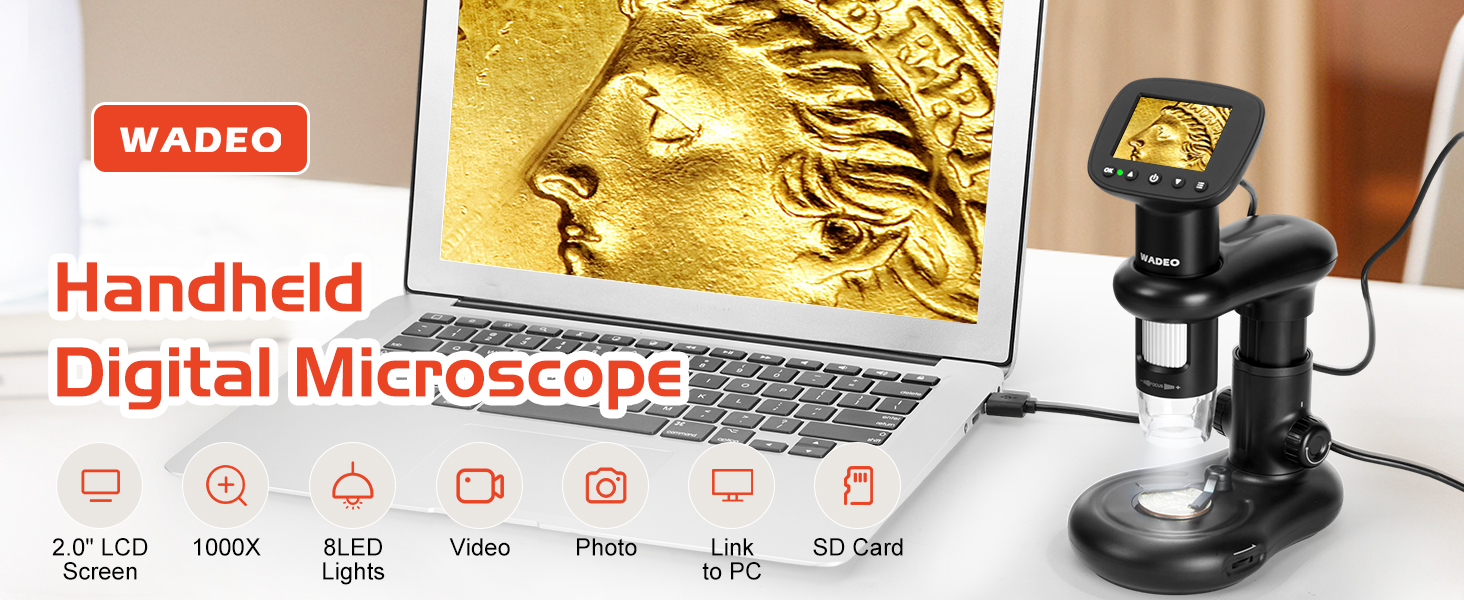 Цифровий мікроскоп WADEO USB HD з 50x-1600x збільшенням, портативна інспекційна камера, кабельне ручне збільшення з 8 LED та стійкою, сумісний з iOS, Android та планшетами (2 дюйми)