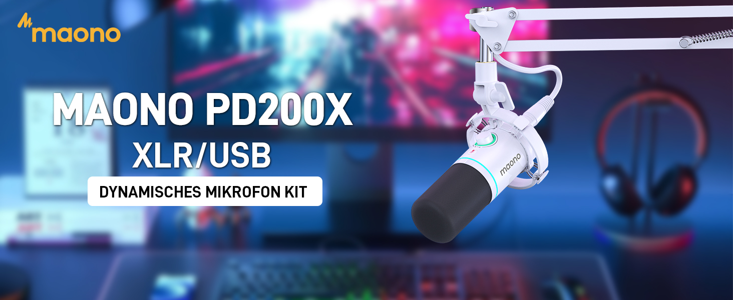 Мікрофон MAONO PD200XS XLR/USB з підсвічуванням RGB, комплект з кріпленням, програмним забезпеченням та регулятором гучності для запису, стрімінгу, геймінгу та Mac/PC