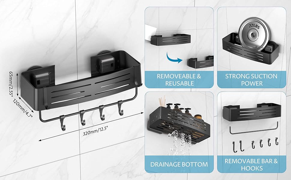 Поличка для душу Onemake з присосками, регульована, з гачками та рушниковою перекладиною, органайзер для ванної кімнати, матовий чорний, 1 шт.