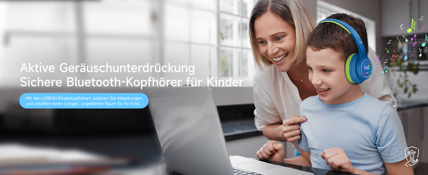 Дитячі навушники LOBKIN Bluetooth Over-Ear з чохлом, бездротові та провідні, для дівчаток, складні, регульовані, для школи, подорожей (блакитно-зелені, ANC)