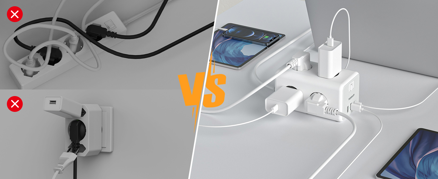 Мережевий фільтр TESSAN 6-fach з USB-C, 9 в 1 з вимикачем, 2 метри кабелю для дому та офісу