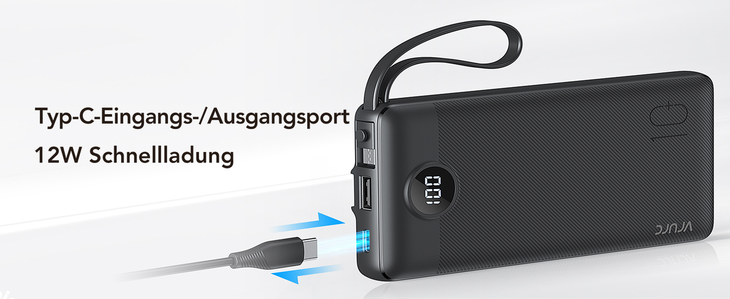 Power Bank VRURC 10000mAh з 4 кабелями, портативний акумулятор USB-C для iPhone/Huawei/Samsung, LED-дисплей, 5 виходів, чорний