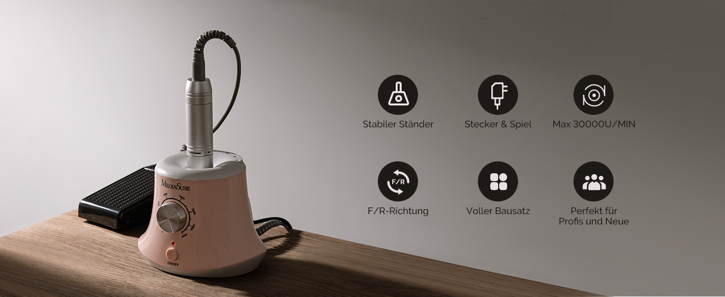 Електричний фрезер для нігтів MelodySusie 30000 об/хв: професійний набір для манікюру та педикюру з педаллю, для гелю та акрилу, білий (C-рожевий)