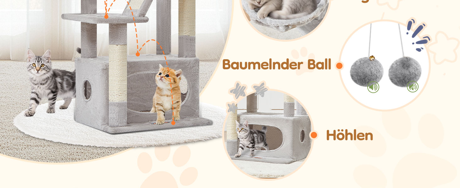 Котячий будиночок Taoqimiao з когтеточкою, 98 см, сірий. Когтеточка для котів, кігтеточка-дерево з будиночком, кошиком, 4 когтеточками та іграшками. MS029SW