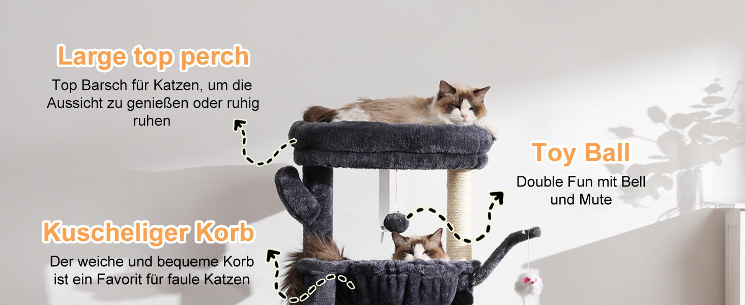 Кігтеточка-кімнатний комплекс Heybly Kratzbaum 100см з платформою, гротою, 2 гамаками та іграшками. Колір: сірий. Модель: HCT006SG