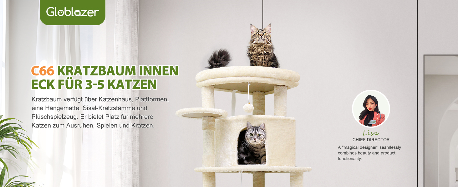 Дім-когтеточка Globlazer для котів, великий кутовий, 167 см, бежевий, для 3-4 котів, з будиночком, гамаком, платформою та кошиком