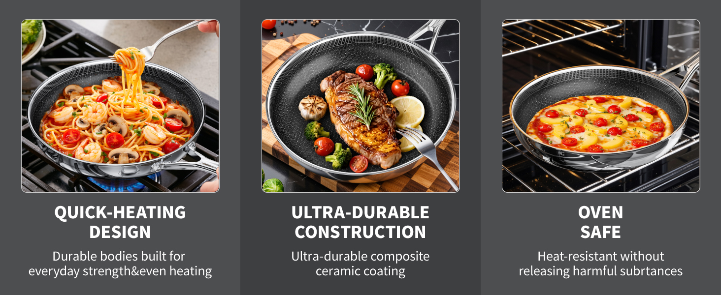 Сковорода керамічна Innerwell 28 см з нержавіючої сталі, антипригарна, без PFAS/PFOA/PTFE, для індукційних, газових та електричних плит, придатна для духовки та посудомийної машини