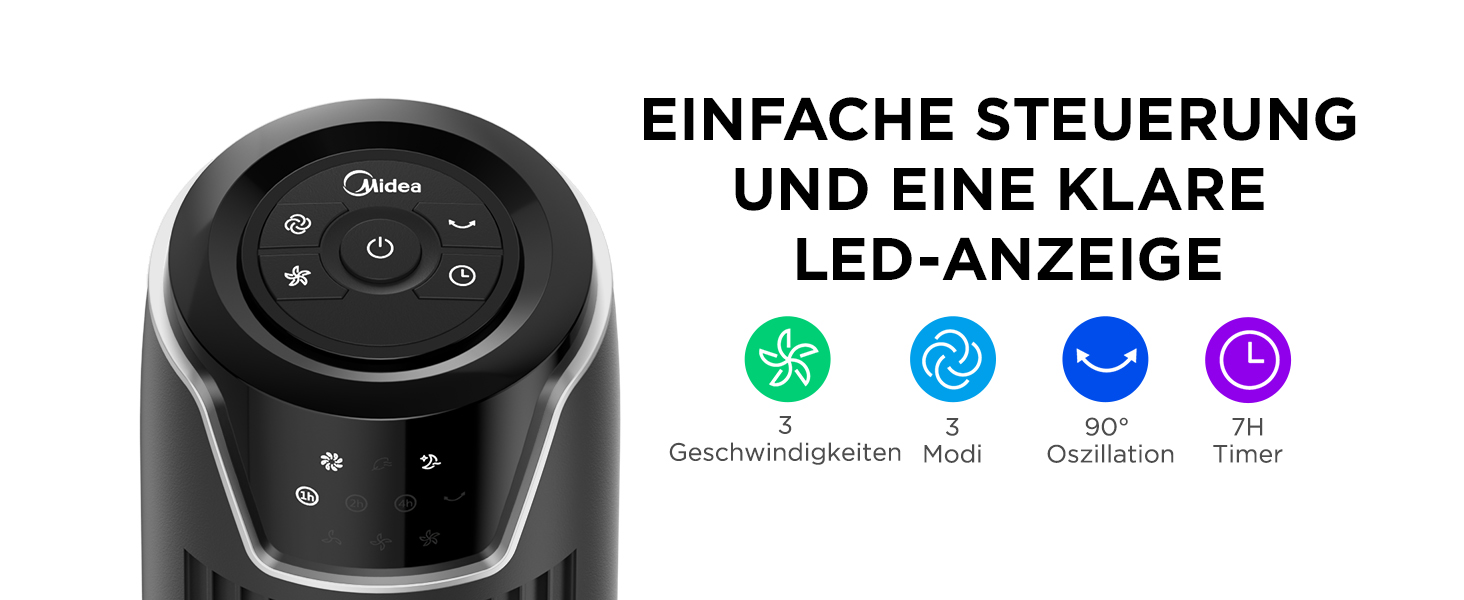 Вентилятор торгової марки Midea FZ10-17JR Elegant Tower Fan з дистанційним керуванням, таймером, потужність 45W, чорний колір