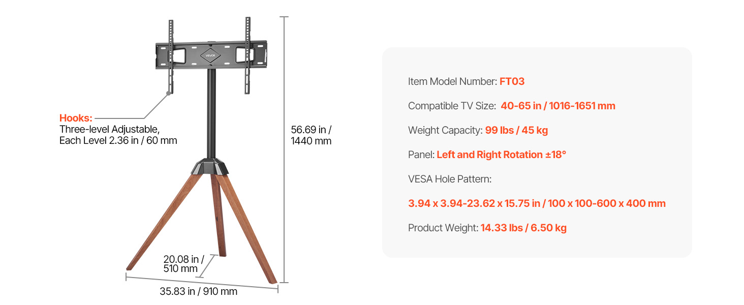 Підставка для телевізора VEVOR з регулюванням на 18° для плоских та вигнутих телевізорів (1016-1651 мм), до 45 кг, з дерев'яними ніжками