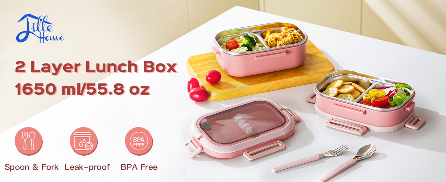 Ланчбокс Lille Home з 2 ярусами, 4 відділення, 1650 мл, з посудом, BPA-free, не протікає (Зелений) (Рожевий)