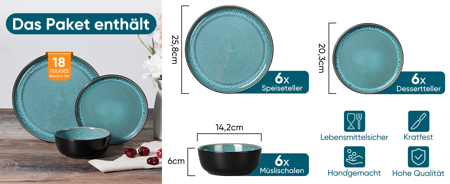 Набір посуду HaWare для 6 осіб, 18 предметів: тарілки, десертні тарілки, миски, стельова глазур, посуд для сервірування столу, блакитний колір, безпечний для мікрохвильовки та посудомийної машини