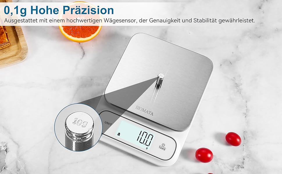 Кухонні ваги BOMATA, цифрові, 5 кг, точність 0,1 г, з підсвічуванням, платформа з нержавіючої сталі, білий колір