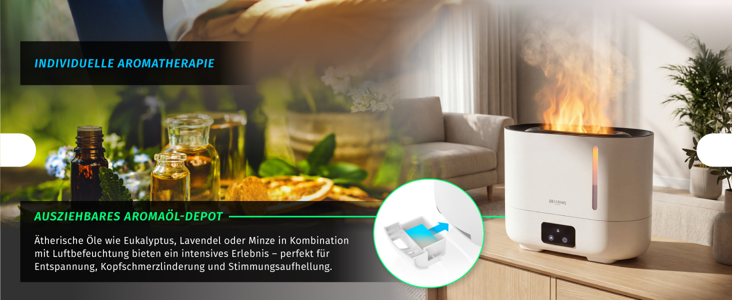 Зволожувач повітря Brandson з ефектом полум'я, керуванням від пульта, тихий, ультразвуковий, 4 режими туману, резервуар 3 літри, відсік для аромамасел, LED-підсвітка, для офісу, вітальні, спальні