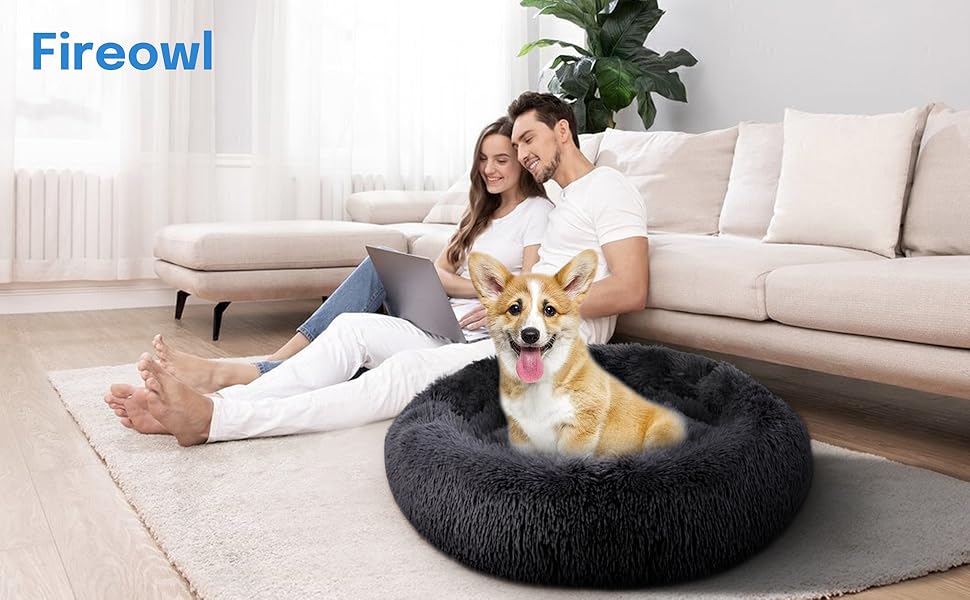 Ліжко для собак і котів Fireowl Donut 70 см, пухнасте, заспокійливе, кругле, плюшеве, антивтривожне, для цуценят і кошенят, сіре, можна прати
