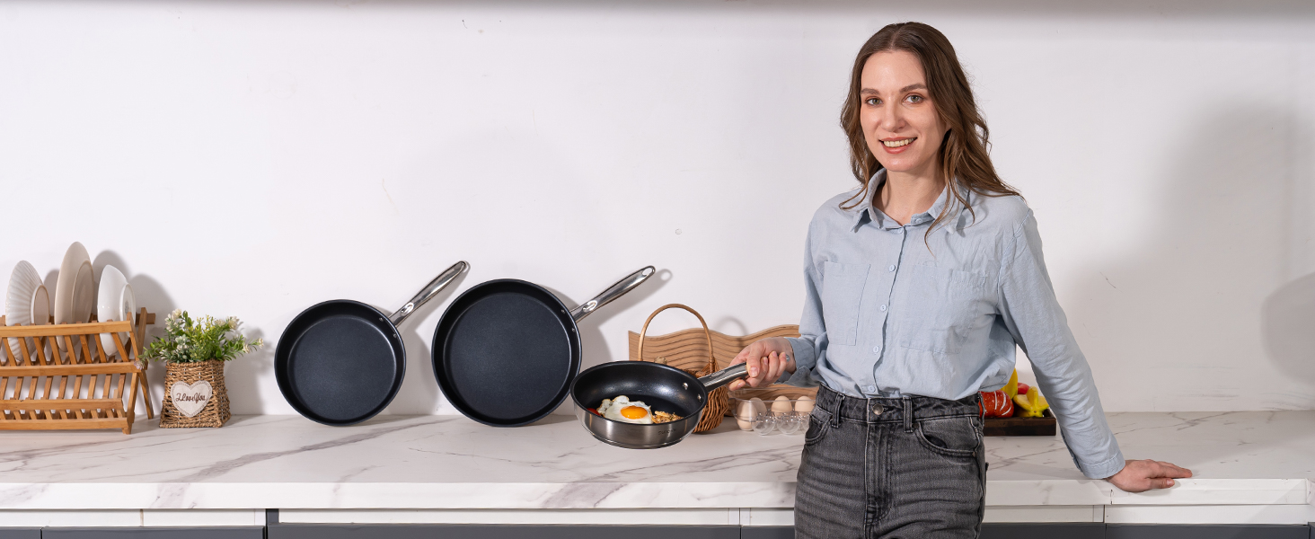 Набір сковорідок 3 шт. з нержавіючої сталі з антипригарним покриттям, 20, 24, 28 см, для всіх типів плит