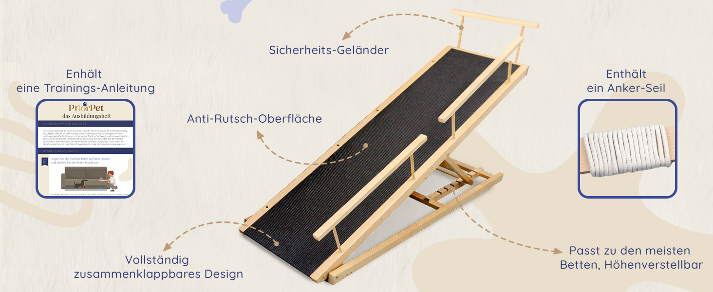 Сходинки для собак PRIORPET з берези з поручнями - регульована висота до 94.5 см - складаються - антиковзаюча поверхня - для маленьких собак до 23 кг - натуральне дерево