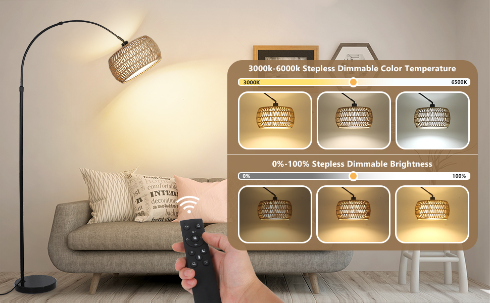 Rayofly Торшер для вітальні Bogenlampe в стилі бохо з ротанговим абажуром, диммований торшер з пультом та LED-лампочкою, управління через додаток, чорний