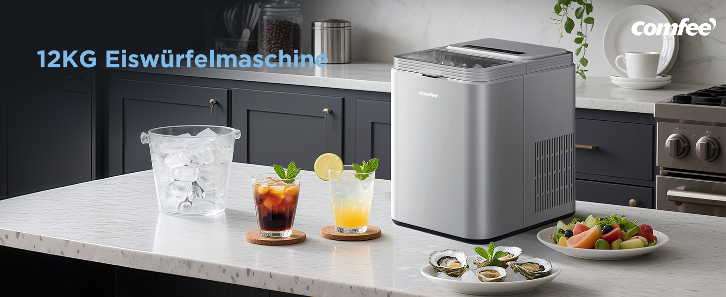 Машина для льоду COMFEE' RCI12BL1EU(E) – швидке приготування, 12 кг/добу, самоочищення, сірий колір