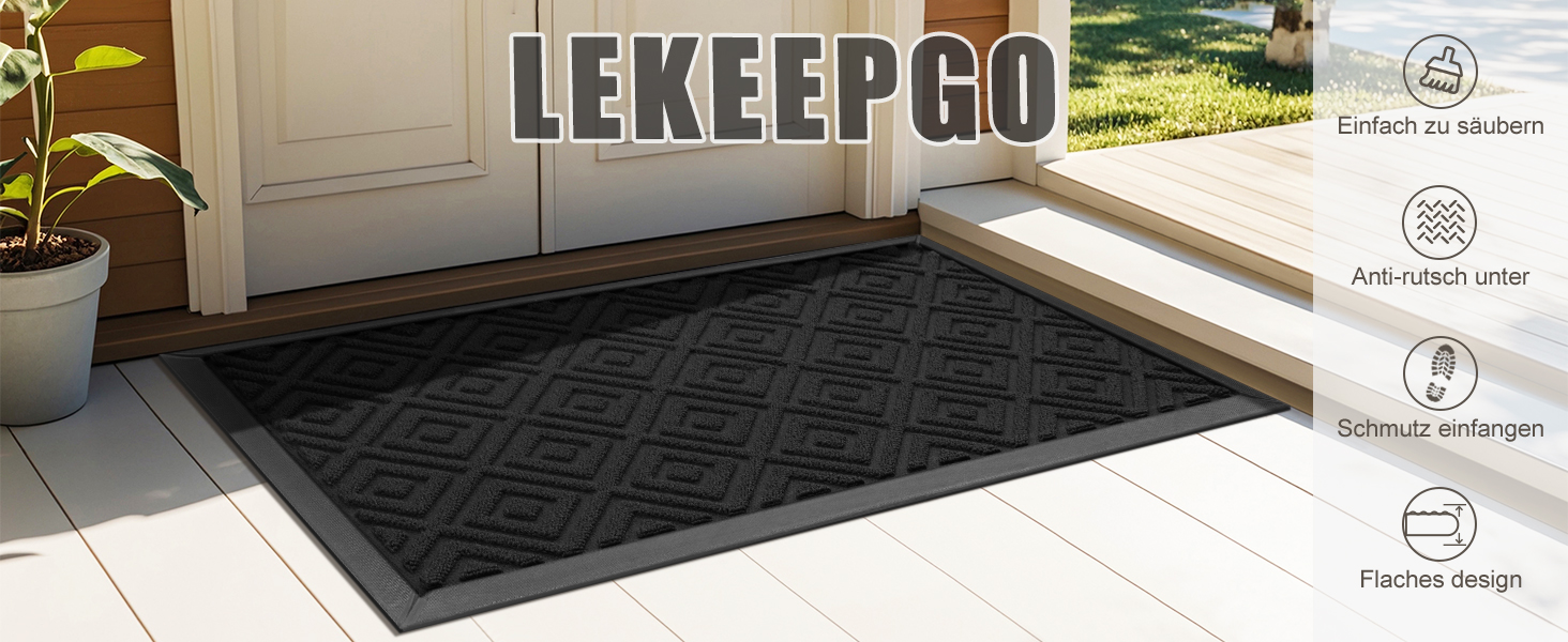 Килимок для взуття LEKEEPGO 60x90 см, чорний, гумовий, протиковзкий, для вулиці та дому, з дренажем, праний, для вхідних дверей