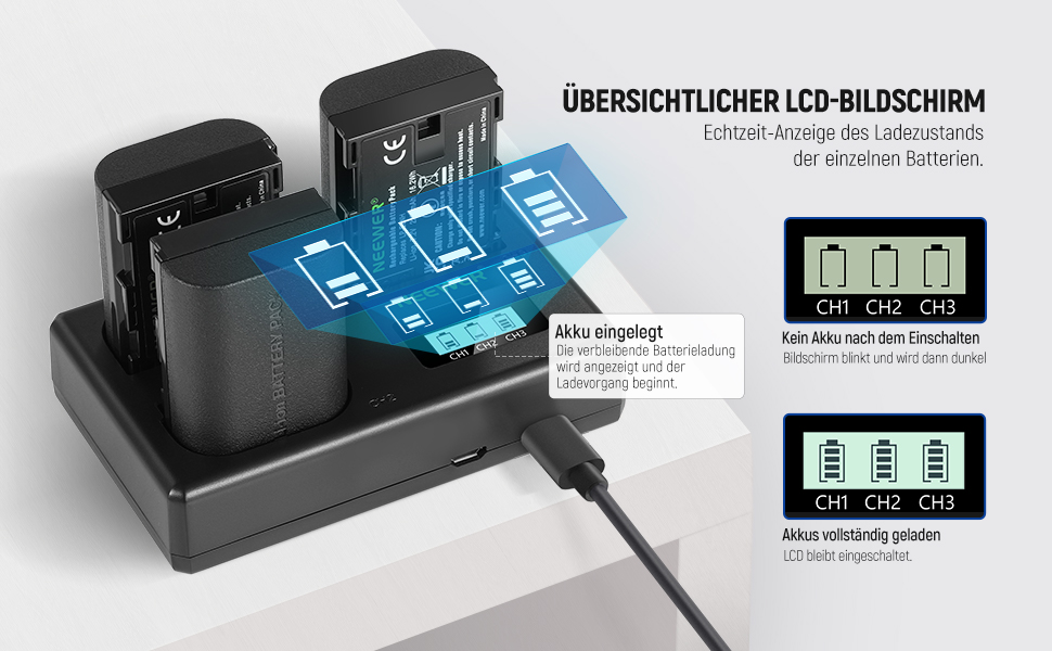 NEEWER Комплект акумуляторів та зарядного пристрою LP-E6NH (3 шт. 2250mAh) з USB зарядкою на 3 слоти, серветка, сумісний з Canon EOS R7, R5, R6, R6 II, R 5DIV, 6DII, 7DII, 80D, 90D