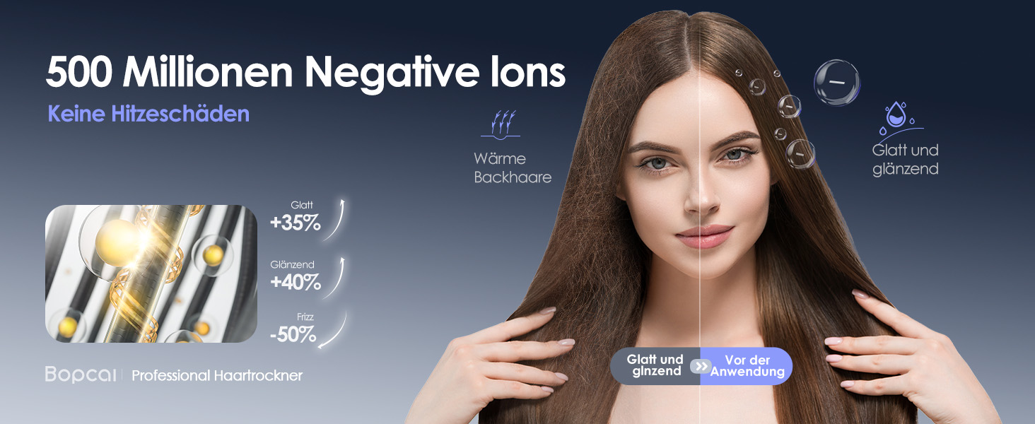 Іонізатор волосся Bopcal, 160000 об/хв, 500 млн іонів, з насадкою-дифузором, професійний фен для дому, салону, подорожей, 12 режимів, чорний