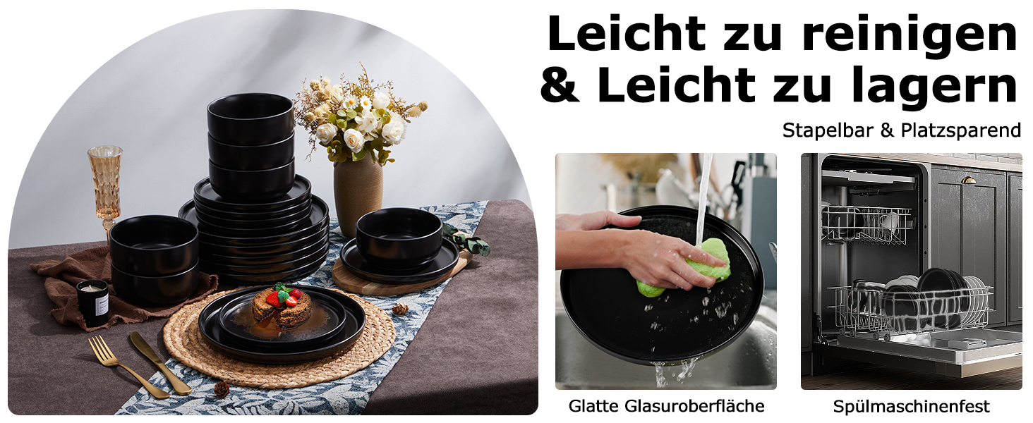 Набір посуду Onader на 6 осіб: 18-ти частинний сервіз з каменю, 6 тарілок, десертних тарілок, мисок, стійкий до миття в посудомийній машині та подряпин (Класичний чорний)