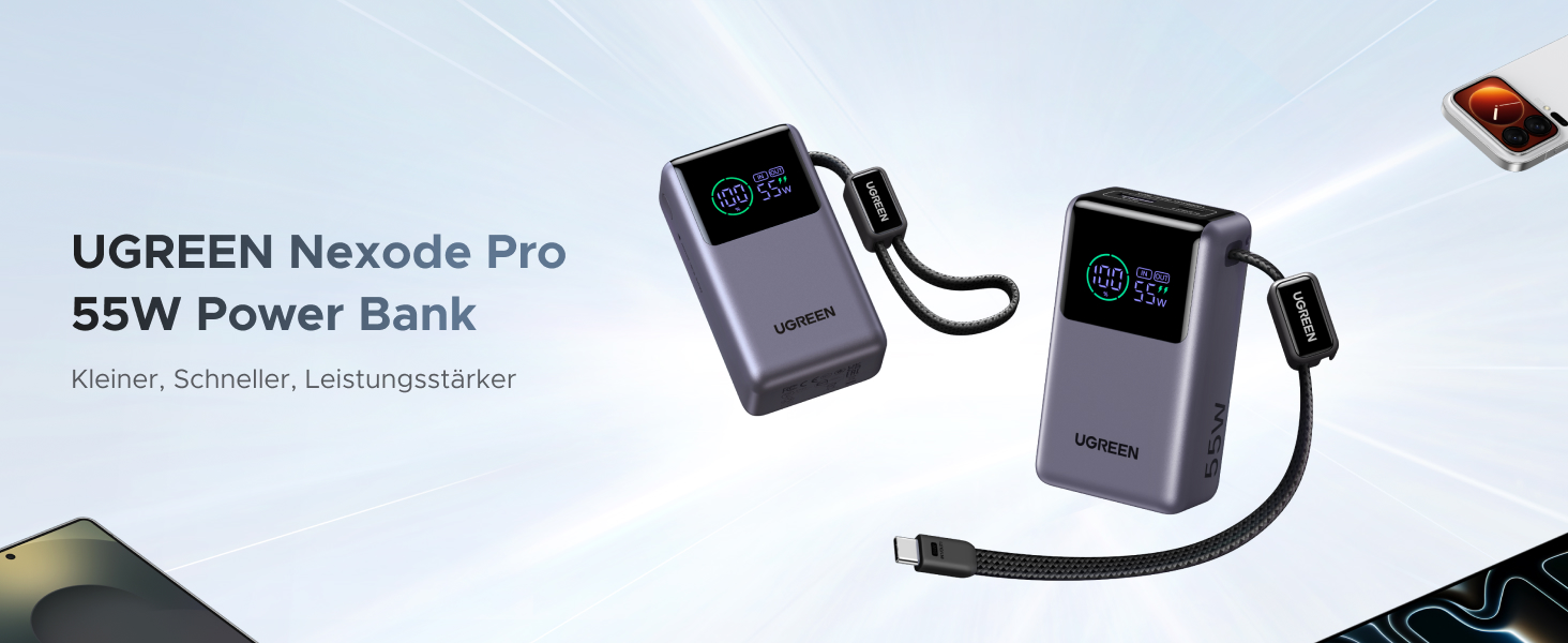 Power Bank UGREEN 10000mAh 55W з вбудованим кабелем, PD 45W, Mi Turbo Charge для Xiaomi, сумісний з iPhone 15/16/17 (Сірий)