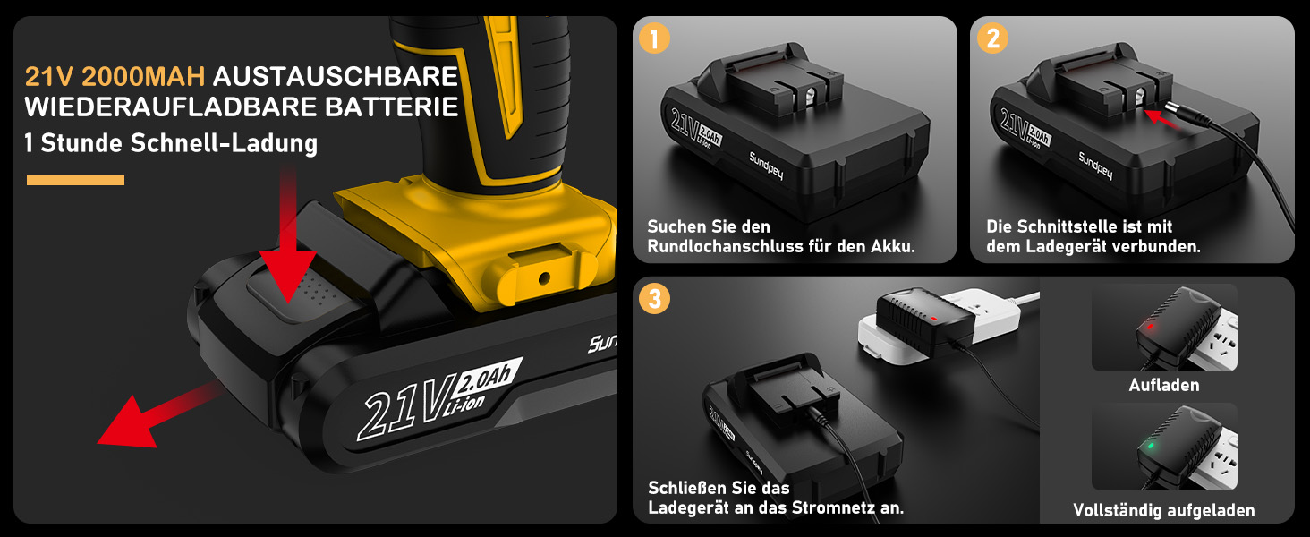 Акумуляторний шурупокрут Sundpey 21V з 2x2000mAh акумулятором, 45 Нм, 18+1 момент, 10 мм патрон, 19 шт. для DIY проектів