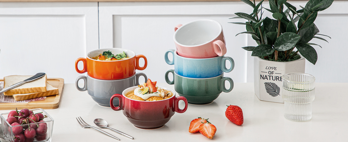Набір тарілок для супу LOVECASA 420мл (6 шт) з ручками, керамічні, кольорові