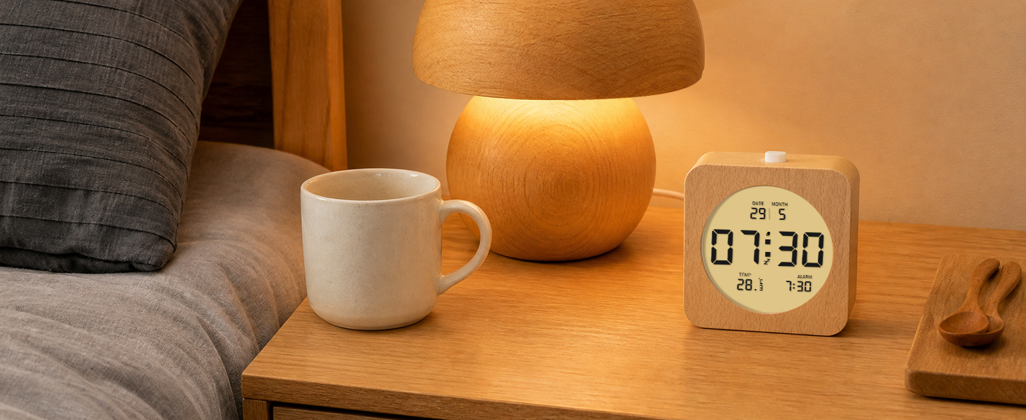 Цифровий настільний будильник aboveClock з дерев'яним корпусом, LCD-дисплей з температурою та датою, функція Snooze та підсвічуванням, квадратний