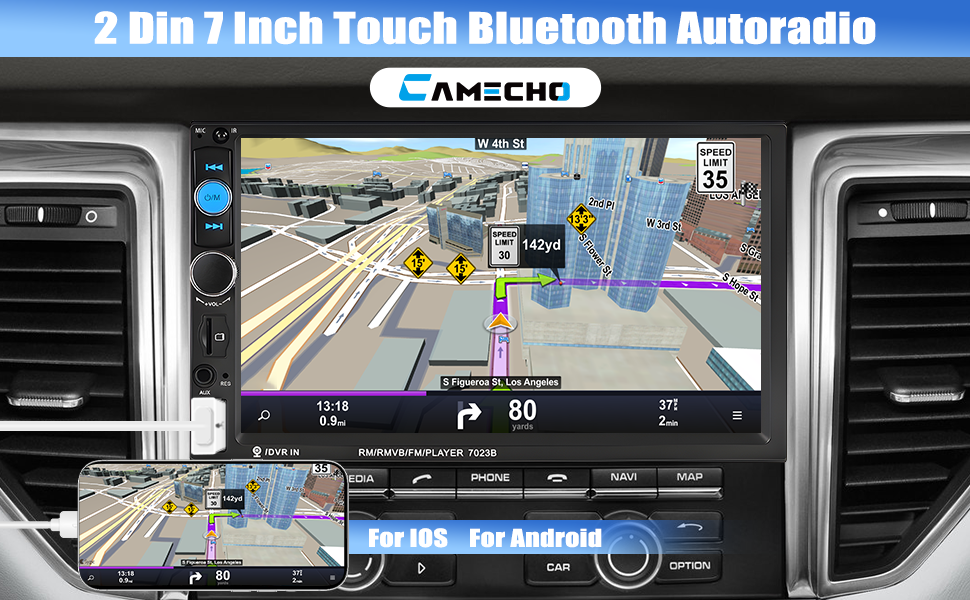 Автомагнітола CAMECHO 2 DIN з 7-дюймовим сенсорним екраном, Bluetooth, Mirror Link, FM-радіо, USB, AUX, керування з керма, 7 кольорів підсвітки, камера заднього виду, MP5
