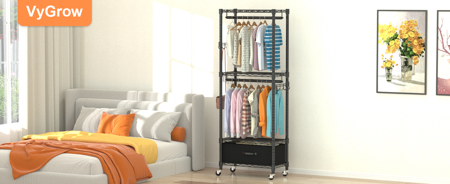 Clothes Rack, Clothes Rack, 4 Tier, Adjustable Closet Organizer System with Drawer | Double Rods | Side Hooks | Holds 445 lbs