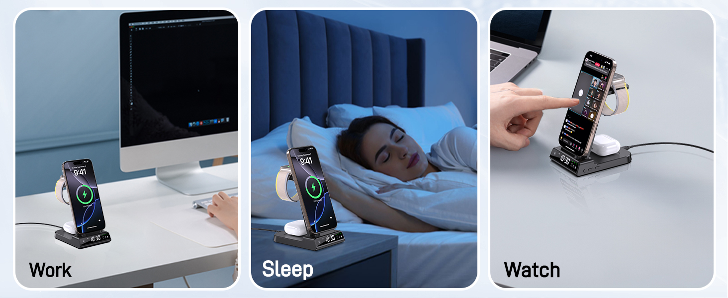 Зарядна станція 3-в-1 для Apple: iPhone 16/15/14, Apple Watch 10/9/8/7/6/SE та AirPods Pro/4. Бездротова зарядка