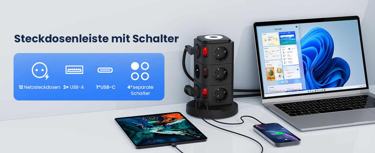 Багаторозеткова станція Acodot Tower з USB, 12 розеток, захист від перенапруги, 4 вимикачі, нічник, 3 USB-порти, кабель 3м, 2500W, для офісу, білий/чорний