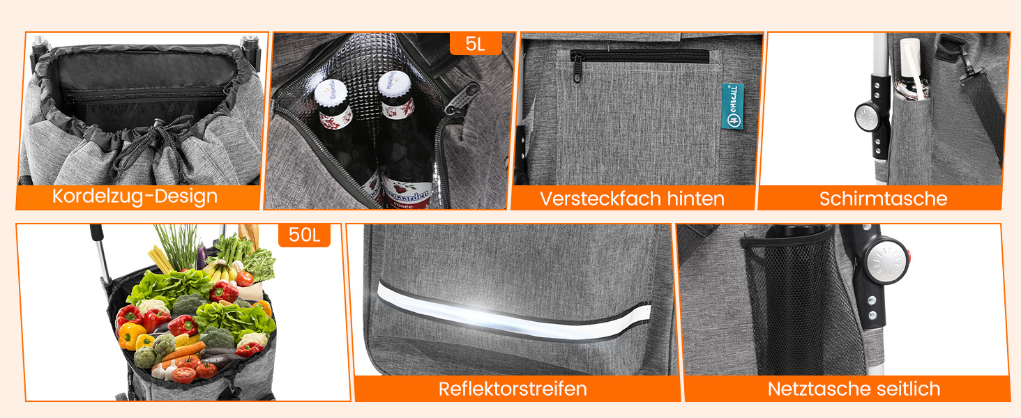 Складаний візок для покупок Homecall 50L з охолодженням, 3-в-1: візок, сумка на колесах, тачка (темно-сірий, сходинкові колеса)